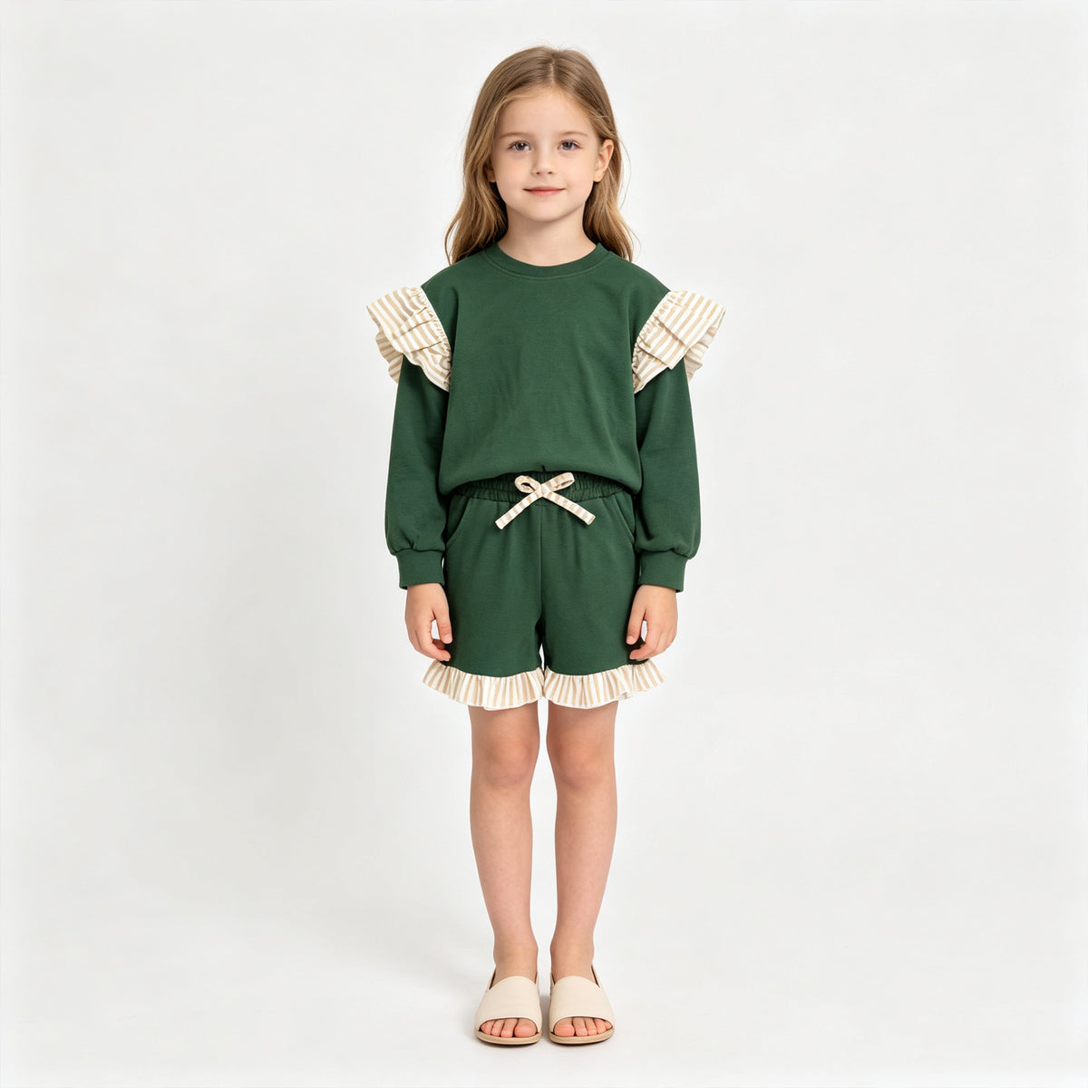 (Sample) No moq milk silk GLS0218(GT1845+SS0998)Baby Girls Green Stripe Flutter Sleeve Top Pockets Ruffle Short Clothes Set
