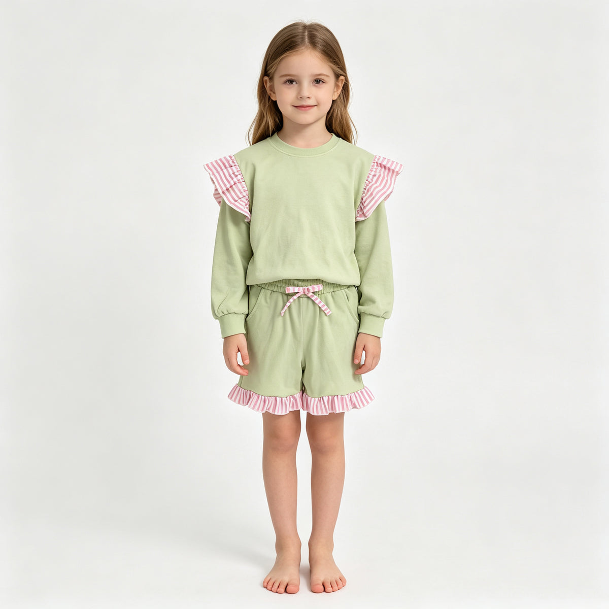 (Sample) No moq milk silk GLS0220(GT1847+SS1000)Baby Girls Light Green Stripe Flutter Sleeve Top Pockets Ruffle Short Clothes Set