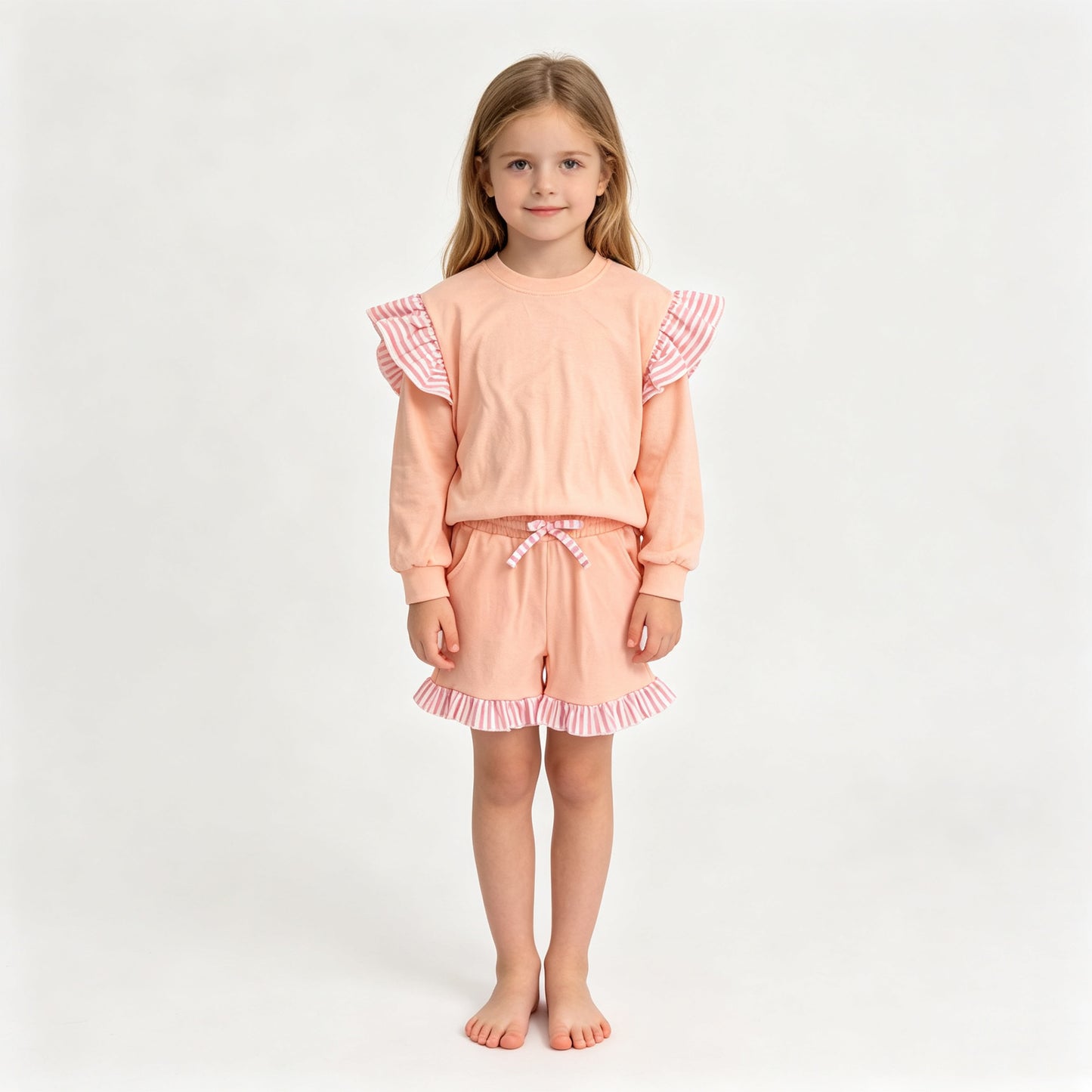 (Sample) No moq milk silk GLS0222(GT1849+SS0996)Baby Girls Light Pink Stripe Flutter Sleeve Top Pockets Ruffle Short Clothes Set