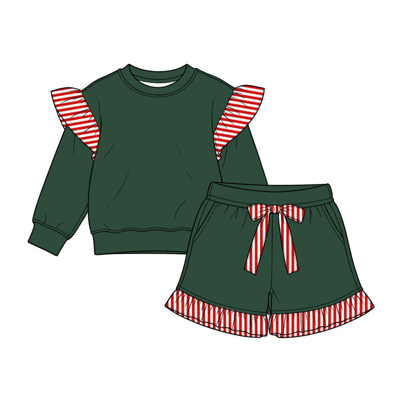 (Preorder new) No moq cotton fabric solid color Baby Girls stripe sweater Flutter sleeves shorts sleeve shorts set