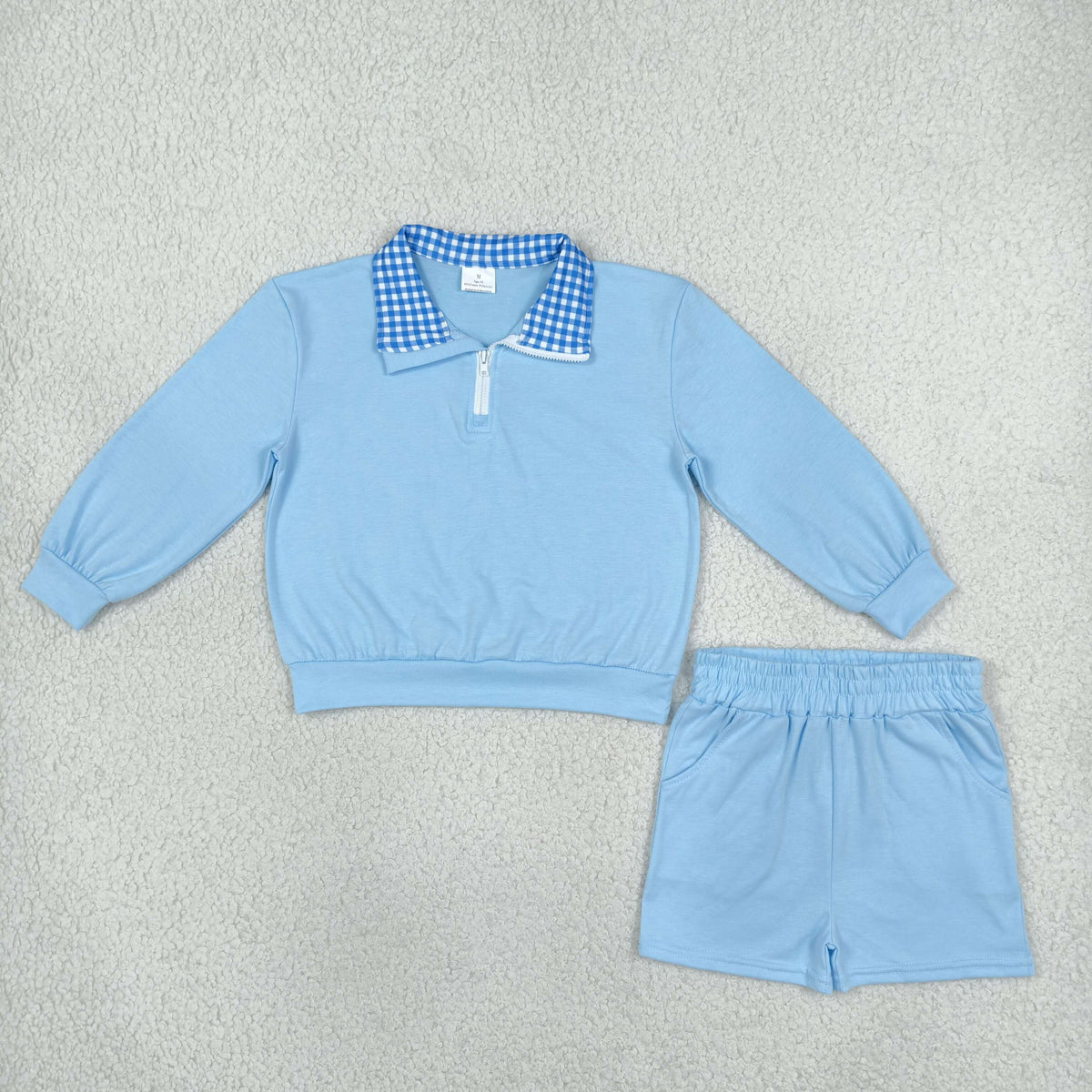 NEW RTS NO MOQ cotton GLS0226 Baby Girls Light Blue Long Sleeve Zip Front Pullover Side Pockets Short Clothes Set
