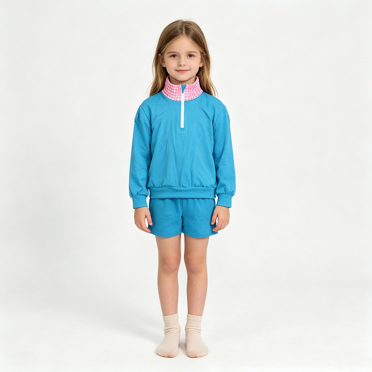 (Sample) No moq cotton GLS0228 Baby Girls Blue Long Sleeve Zip Front Pullover Side Pockets Short Clothes Set