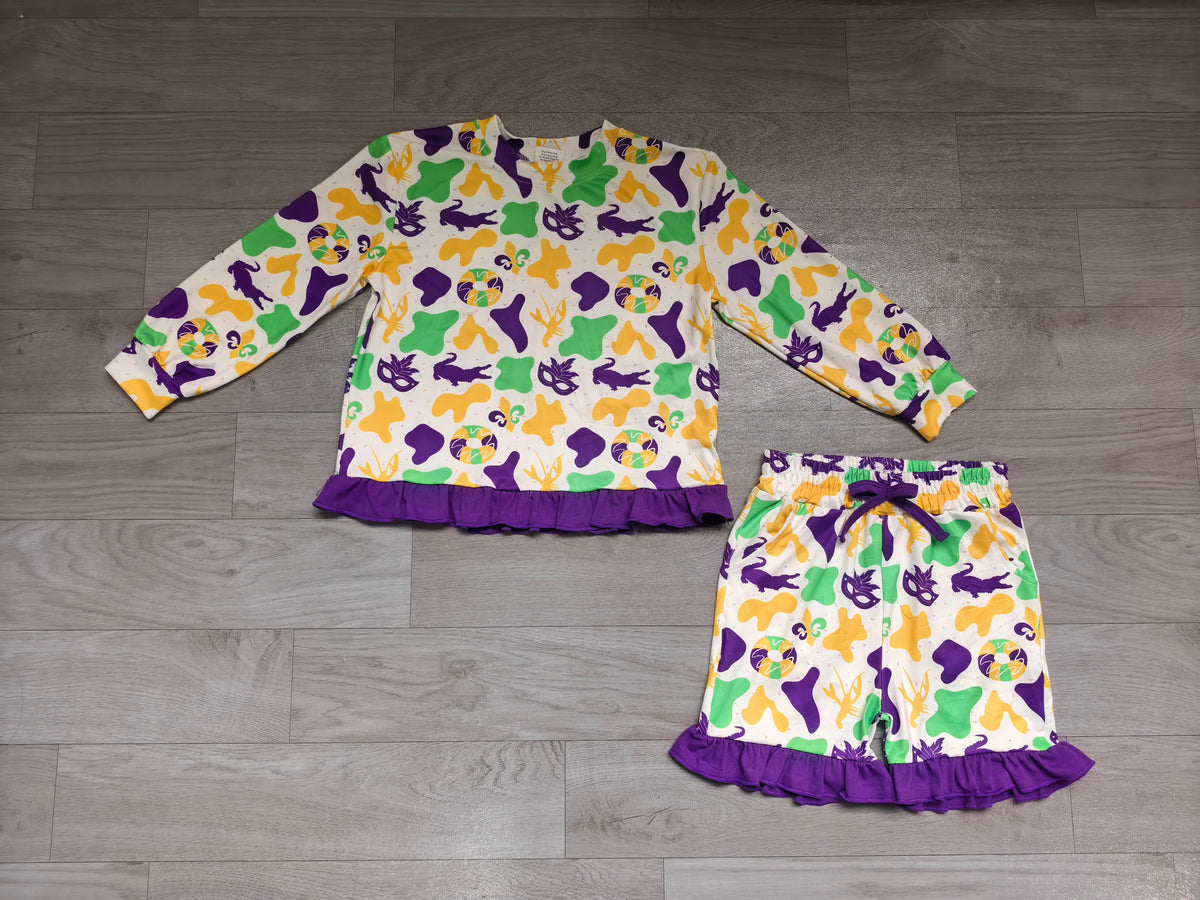 (Sample) No moq milk silk GLS0243 Baby Girls Camo Print Long Sleeve Top Ruffle Hem Short Casual Outfit