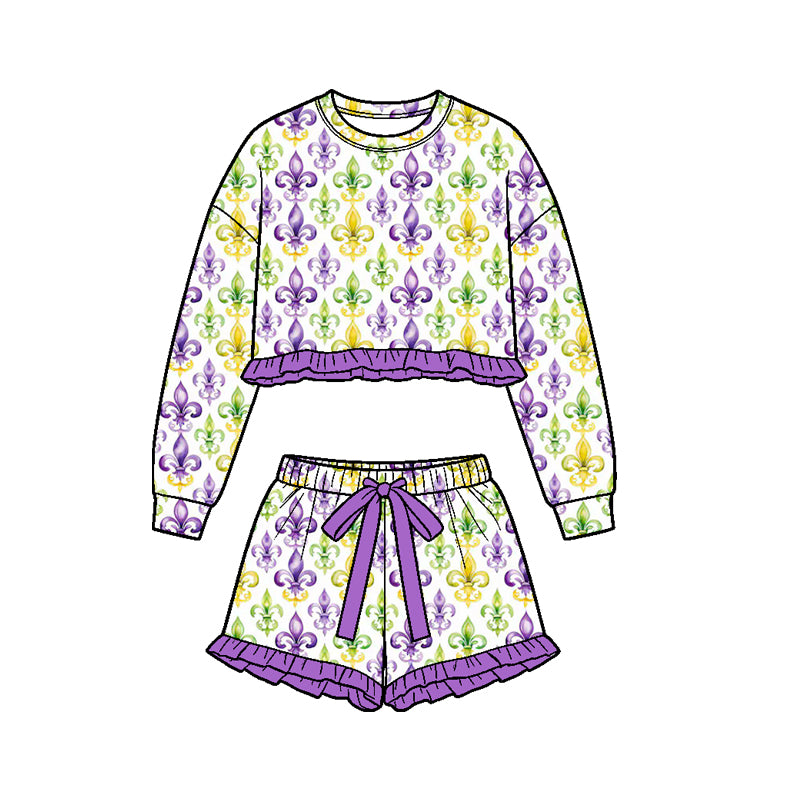 (Preorder new) No moq Baby Girls Purple Print Ruffle Long‑Sleeve Sweatshirt Skirt Set