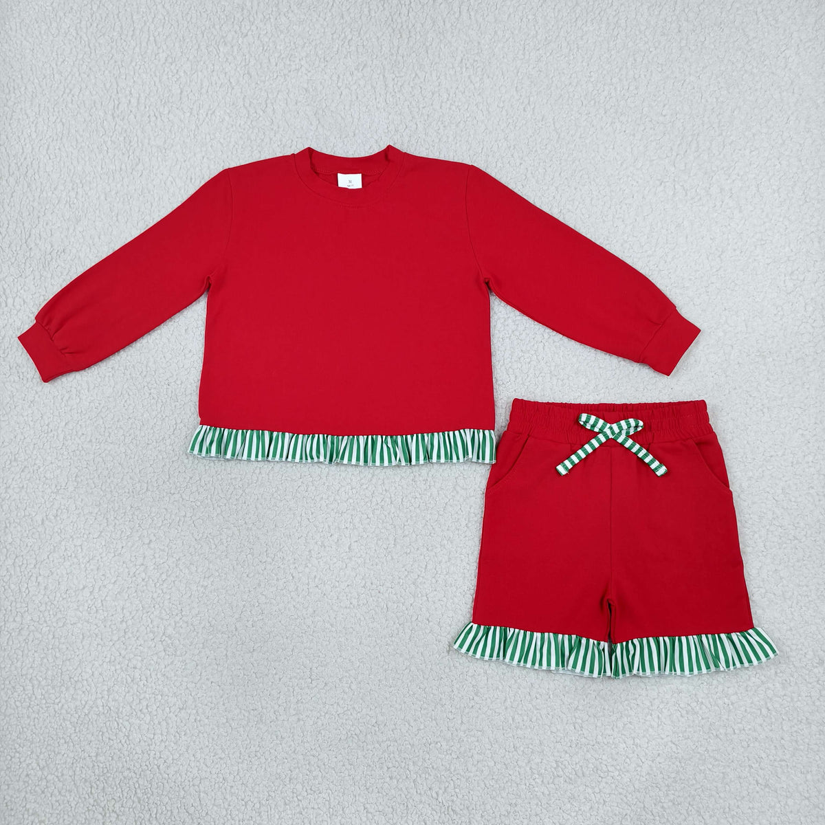 RTS NO MOQ Sibling cotton Baby Girls Christmas Red Long Sleeve Top Green White Stripe Ruffle Bow Shorts Pant Clothes Set