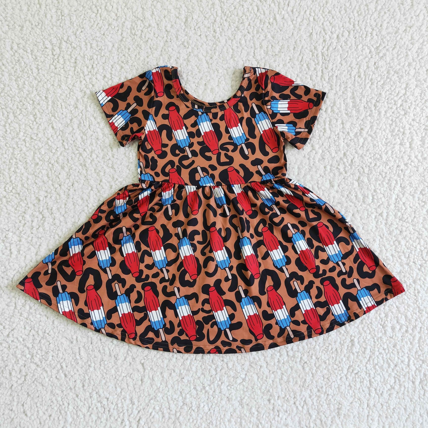 GSD0063 Girls National Day Leopard Popsicle Rocket Short Sleeve Dress