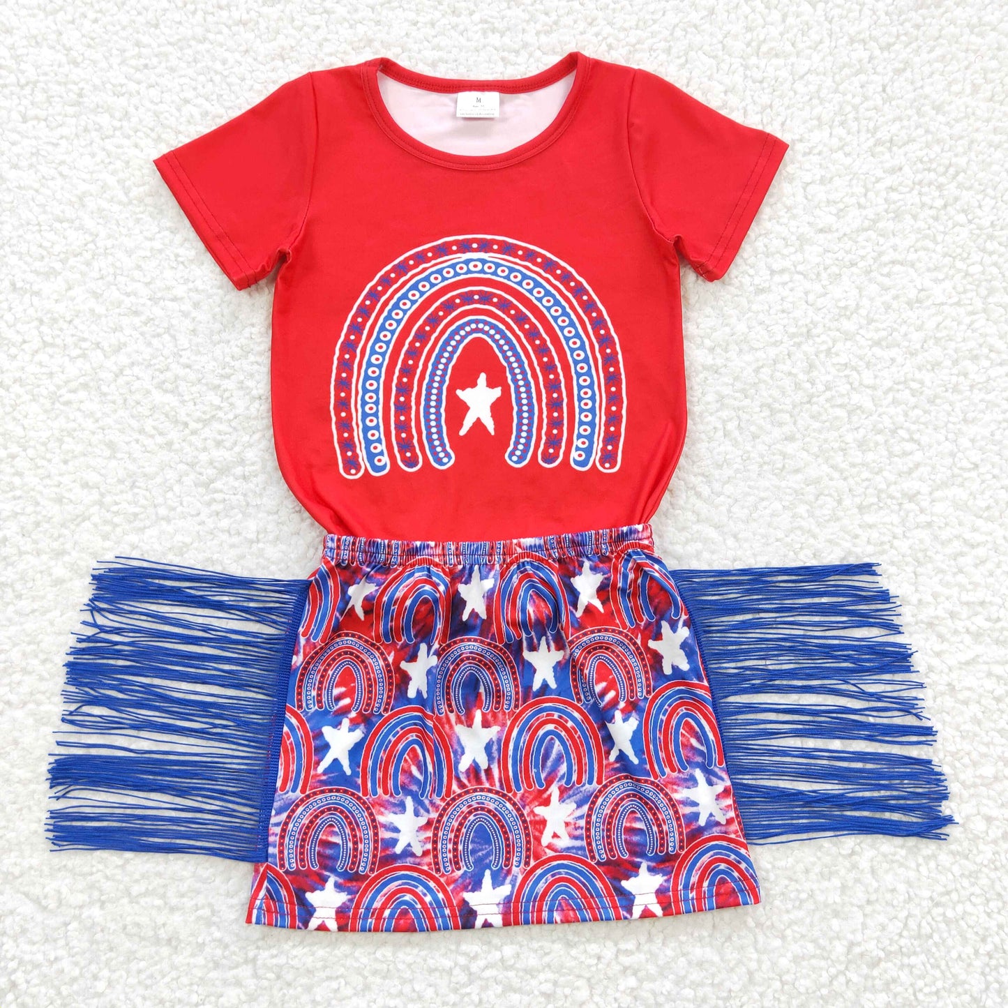 SALES NEW Little Girls Cute Rainbow Print 4th Of July Tassel Skirt Set