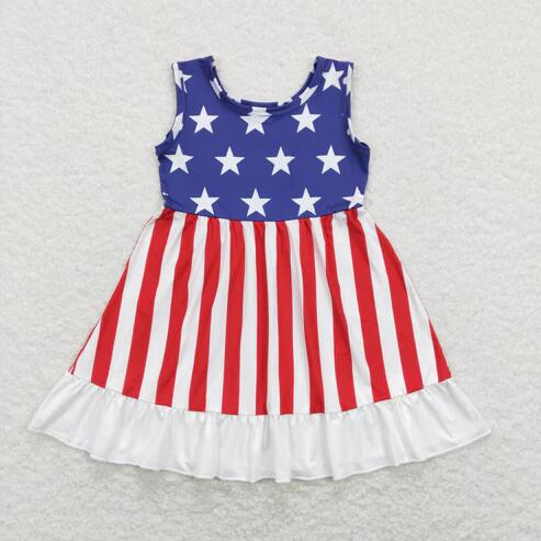 RTS NO MOQ Sibling Baby Girls Sleeveless Ruffle Knee-Length Dress Stars Bows 4th of July Outfit