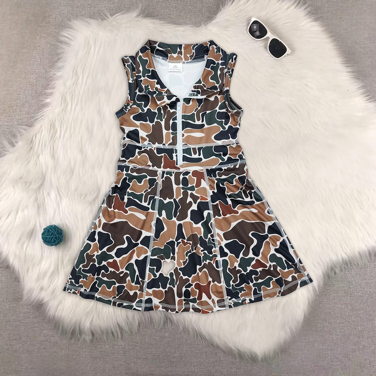 RTS NO MOQ Sibling baby girl clothes Military green camouflage zipper yoga sleeveless dress