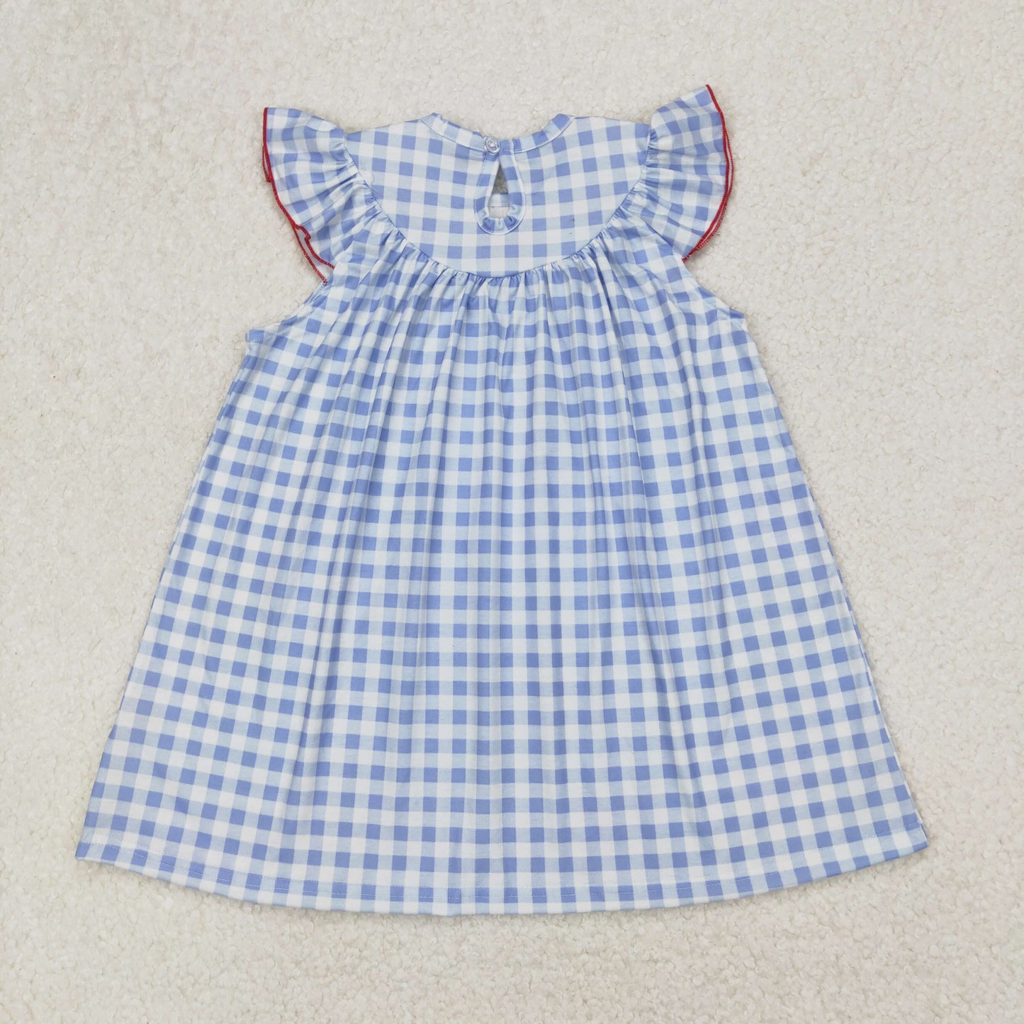 RTS NO MOQ(In Stock) smocked National Day Embroidered Flag Blue Plaid Flying Sleeve Dress