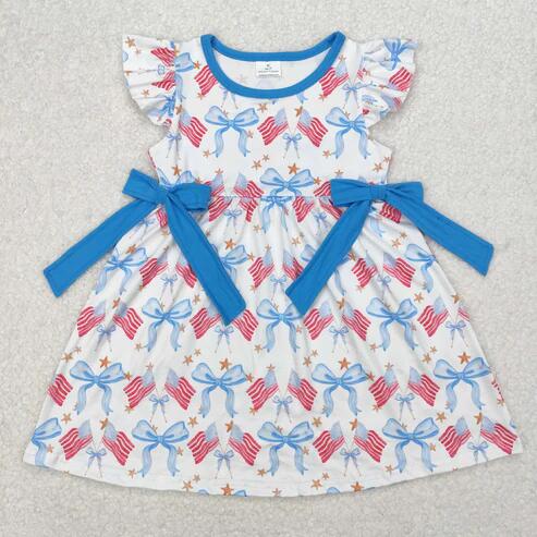 RTS NO MOQ Sibling Baby Girls 4th of July Ruffle Knee Length Dresses Flutter Sleeve Flags Bows Stars