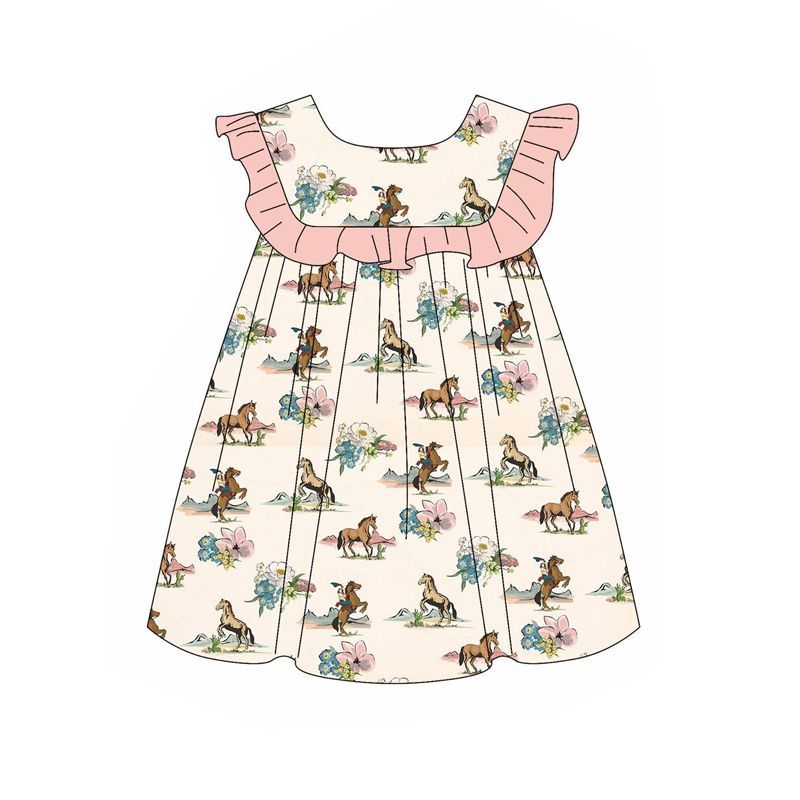 (Pre Order) No moq GSD1940 Toddler Girls Cute Western Ruffle Horse Rodeo Print Dress