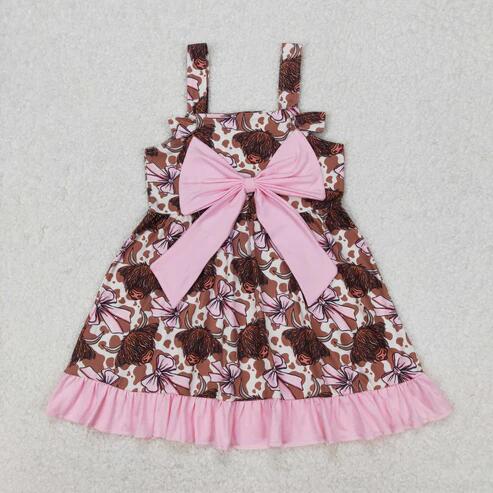 RTS NO MOQ Sibling Girls Western Ruffle Knee-Length Dress Strap Bows Cows 4th of July Casual Wear