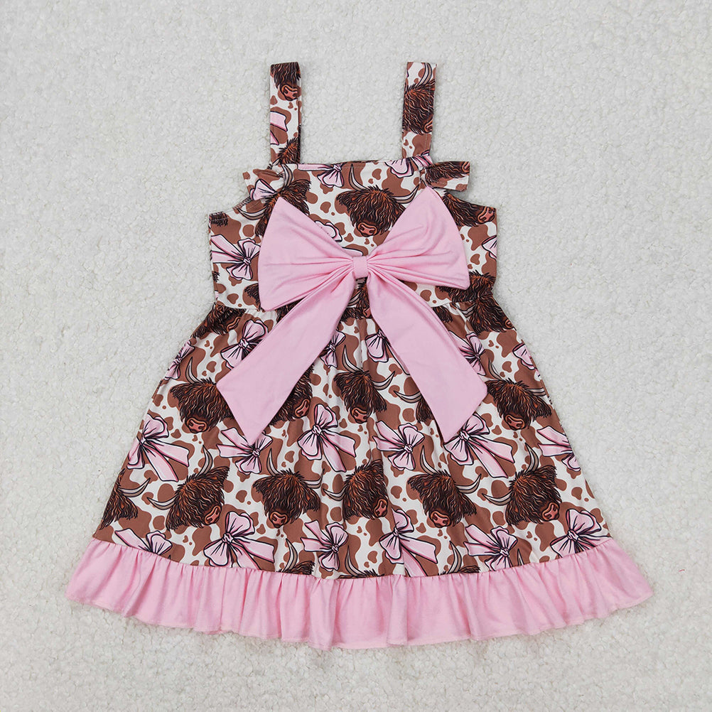 RTS NO MOQ Sibling Baby Girls 4th of July Ruffle Knee-Length Dress with Strap Bows Print