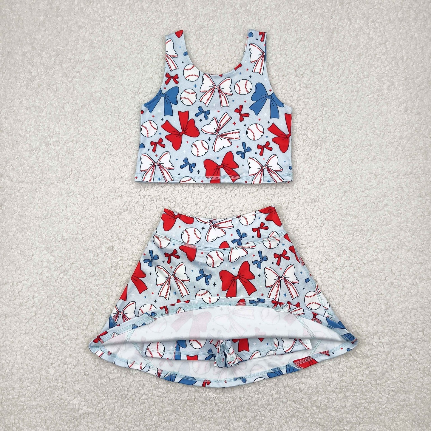 RTS NO MOQ Girls clothes baseball bow yoga short sleeve Clothes Sets dress