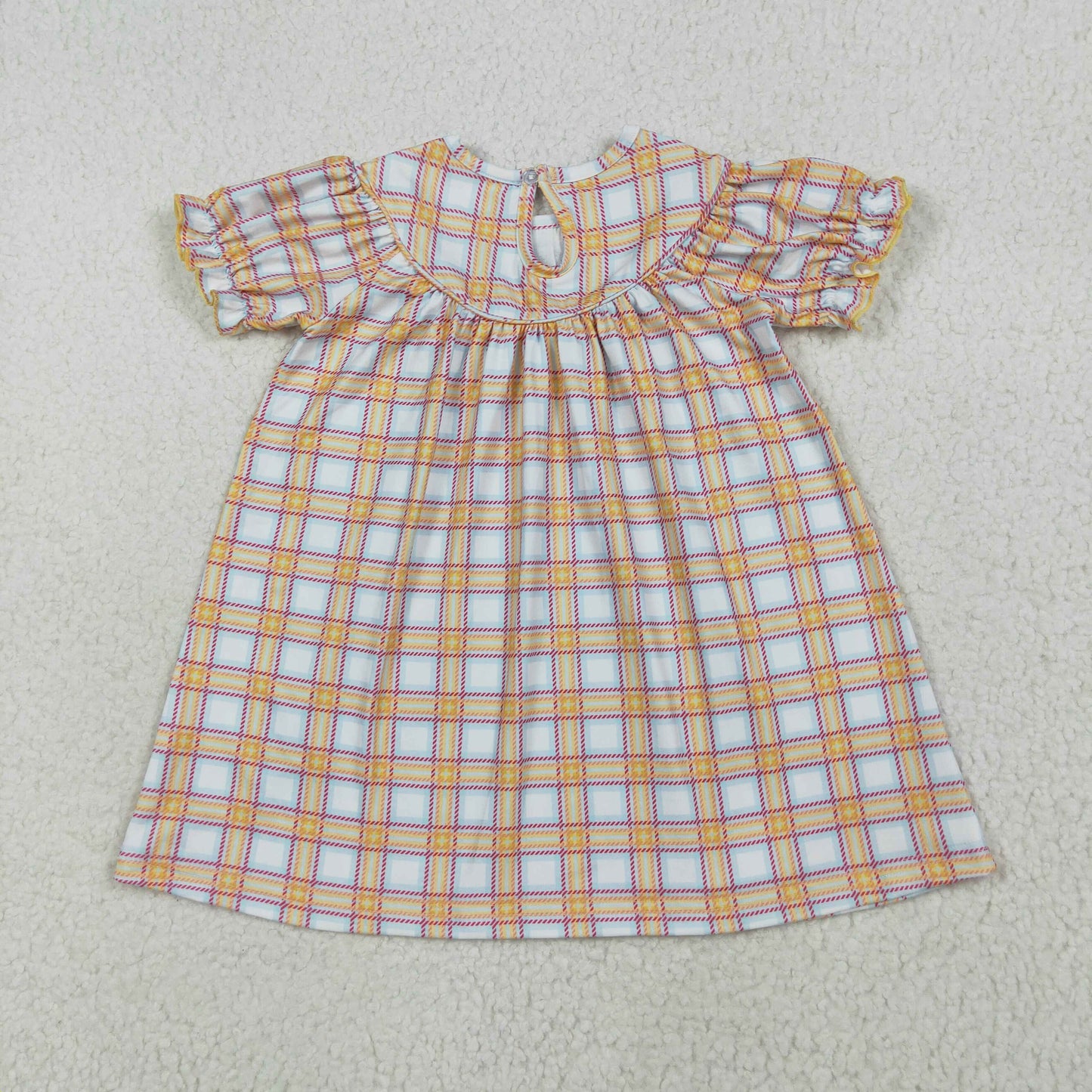 RTS NO MOQ(In Stock ) smocked embroidered farm animals red house orange plaid short sleeve dress