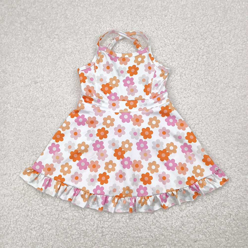 RTS NO MOQ Sibling Baby Girls Blue Strap Colorful Floral Print Yoga Ruffle Knee-Length Dresses