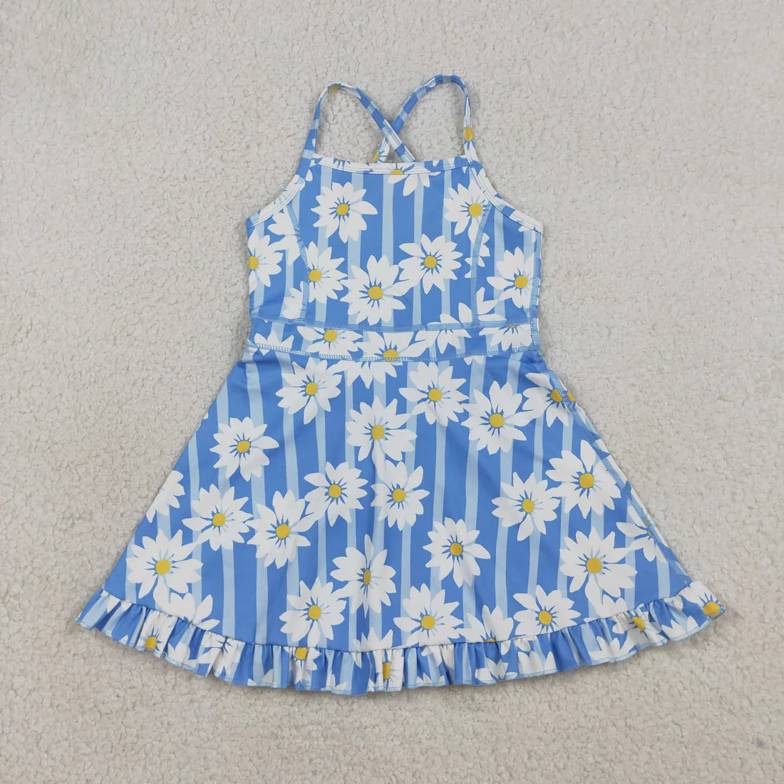 Best Sell RTS Baby Girls Blue Strap Floral Print Yoga Dress with Ruffle Knee Length Casual Outfit for Toddlers