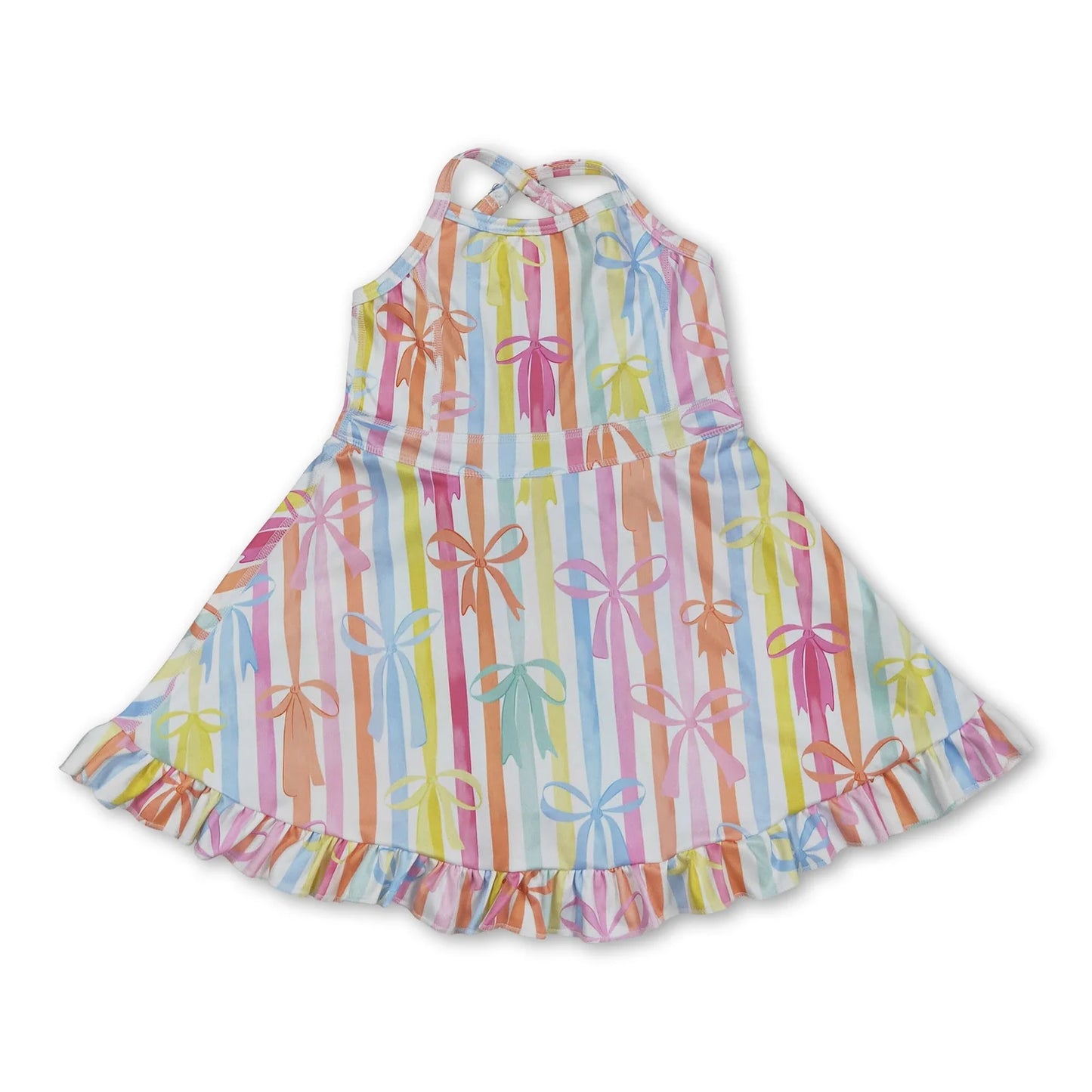 RTS NO MOQ Sibling yoga fabric Baby Girls Colorful Bow Sleeveless Strap Ruffle Yoga Dresses
