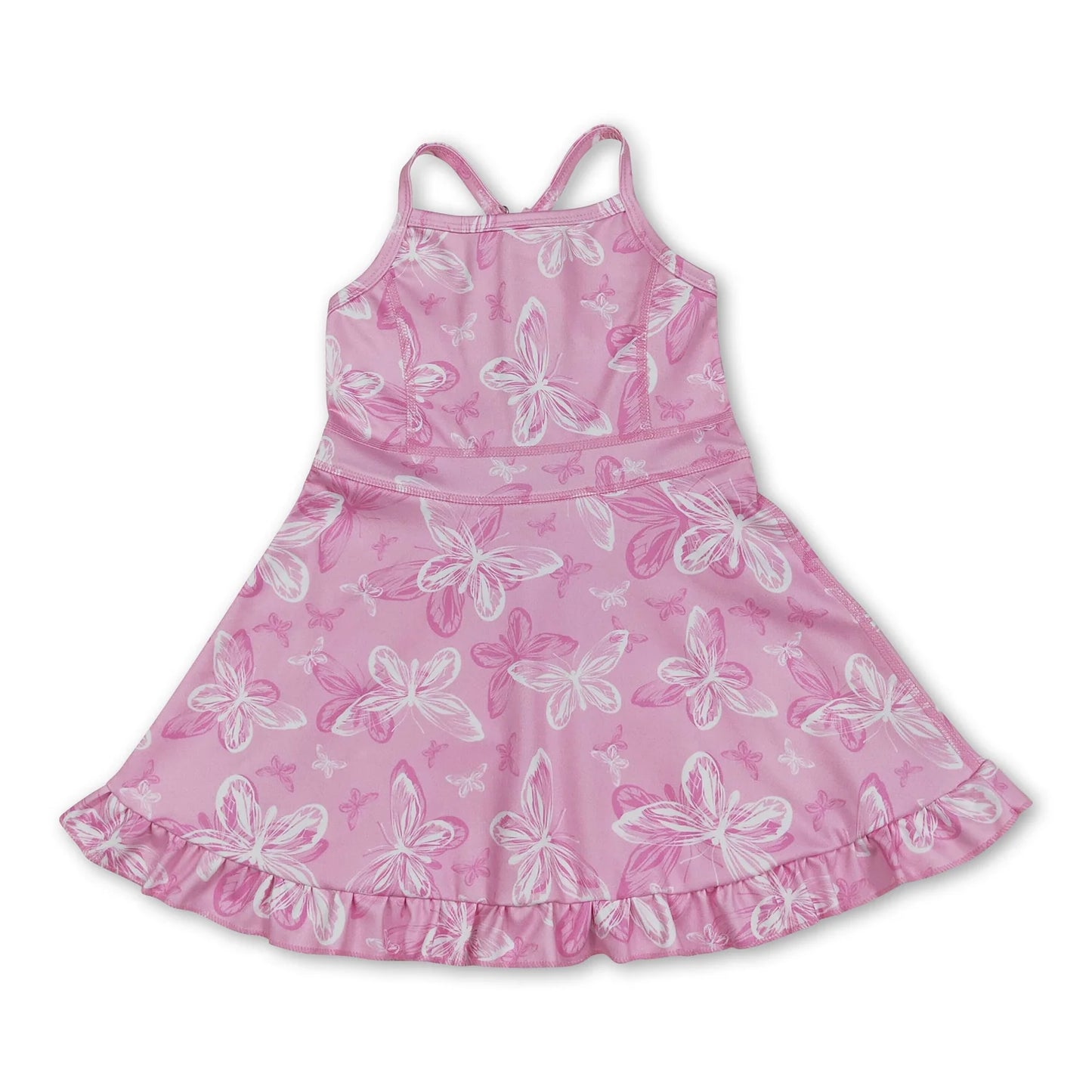 RTS NO MOQ Sibling yoga fabric Baby Girls Pink Bow Strap Yoga Casual Knee Length Dresses