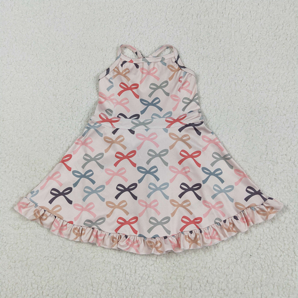 RTS NO MOQ Sibling Baby Girls Peach Strap Dresses Colorful Bows Yoga Ruffle Knee Length Girls Outfits