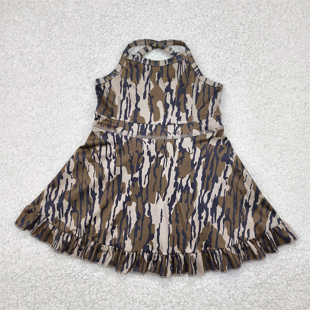 RTS NO MOQ Sibling Baby Girls Camouflage Ruffle Knee-Length Dress with Strap Yoga Active Shorts