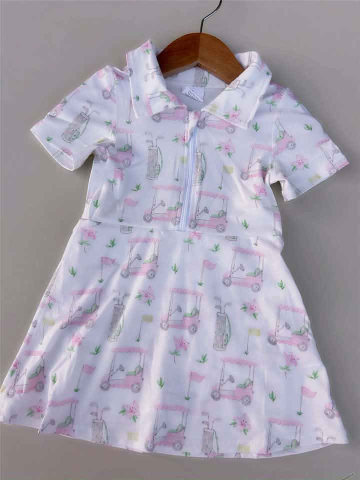 RTS NO MOQ Sibling yoga fabric Baby Girls Golf Cart Print Short Sleeve Polo Dress Kids Pink Bow Floral Sleeveless Yoga Dress