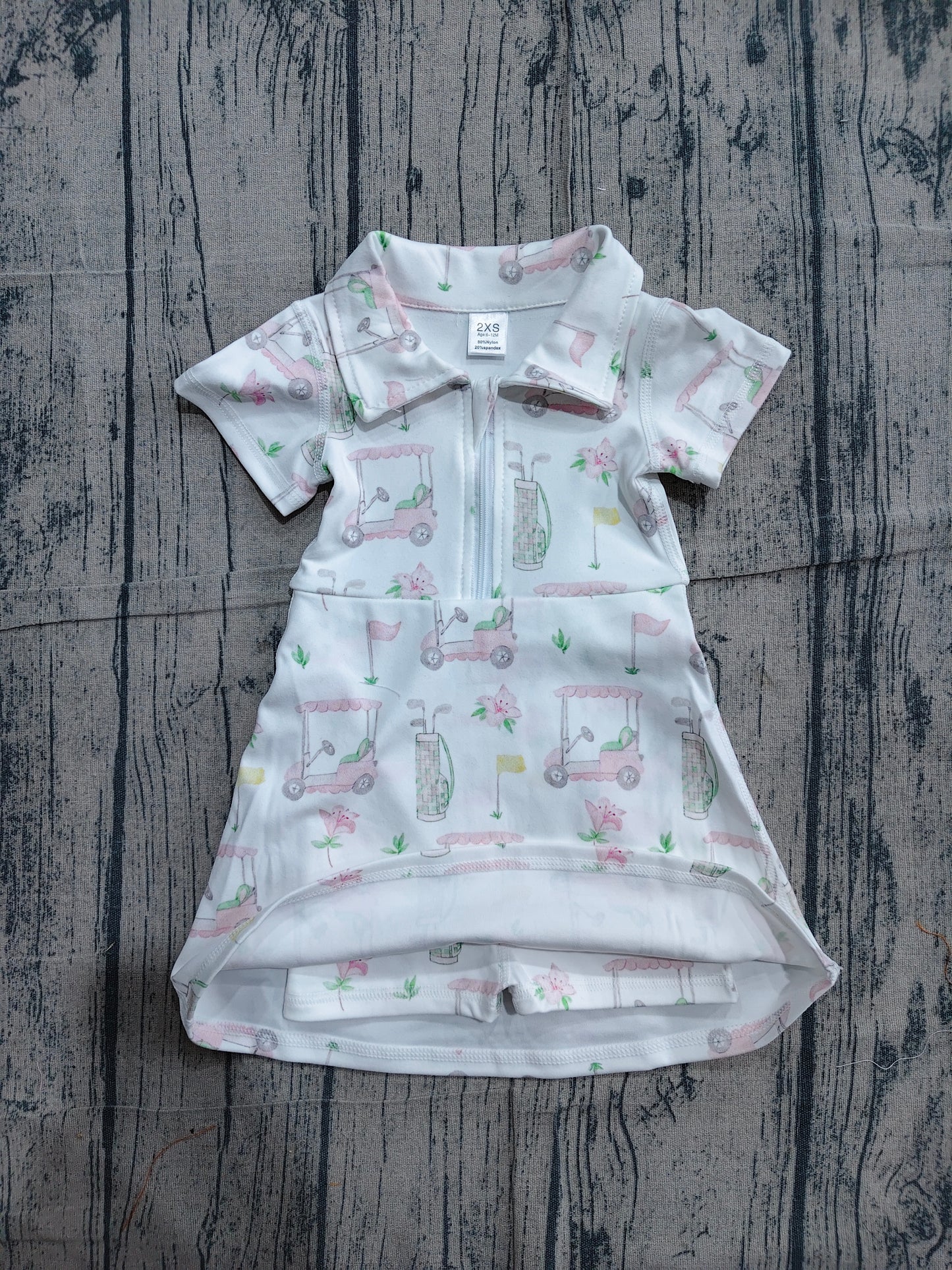 (Sample) No moq GSD2410 Yoga Baby Girls Soft Short Sleeve Pink Flowers Golf Zipper Knee Length Dresses