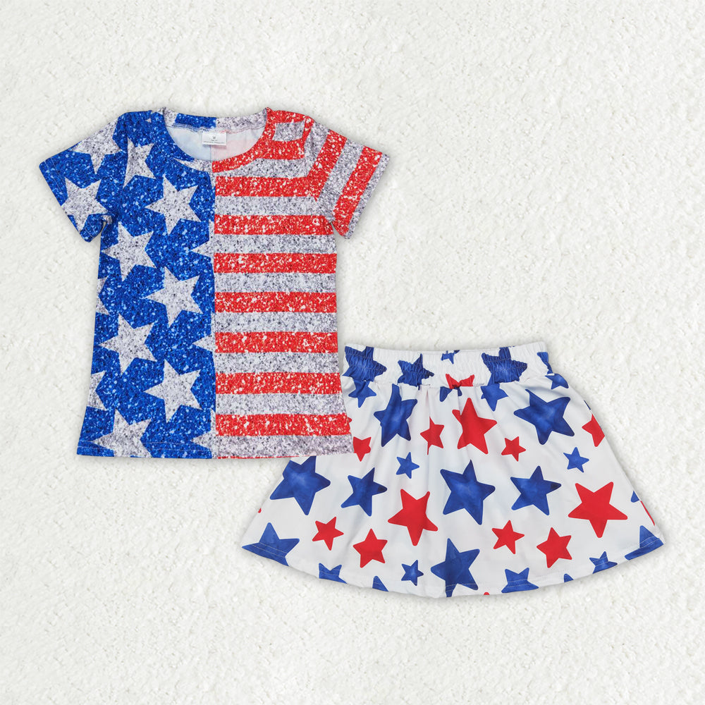 RTS NO MOQ GSD2456 GT0584+GLKOO55 star stripe splicing short-sleeved top skirt sets