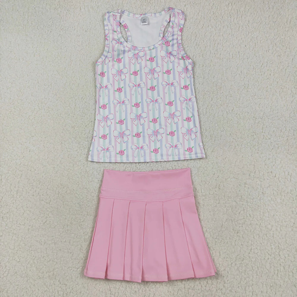 RTS NO MOQ Baby Girls Sleeveless Yoga Sets Pink Flowers Bows Top with Pleated Skirts Cute Toddler Outfit