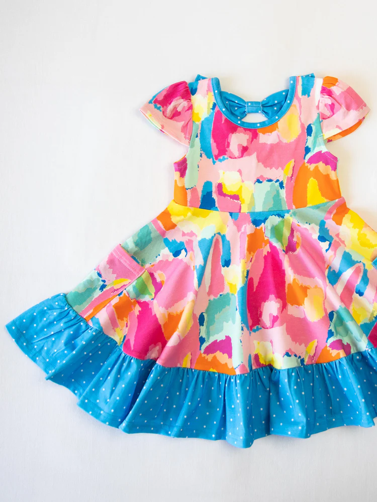 (Preorder new) No moq GSD2610 Baby Girls Short Sleeve Watercolor Camo Print Ruffle Trim Pocket Knee Length Dress