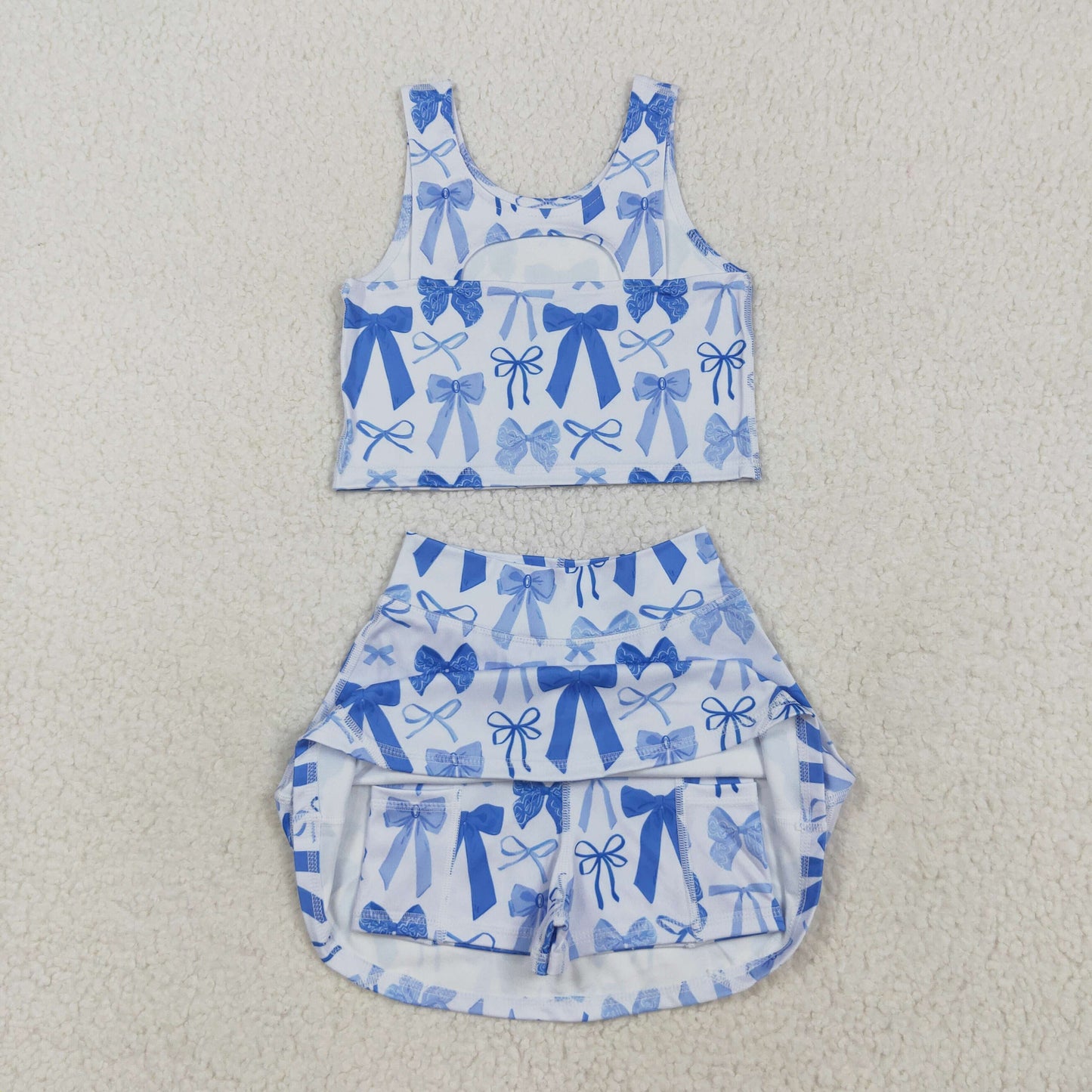 RTS NO MOQ(In Stock ) GSD2640 Blue bow pattern sleeveless pants skirt yoga set