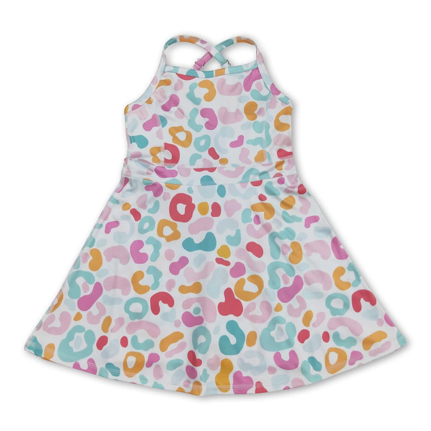 RTS NO MOQ Sibling yoga fabric Baby Girls Fashion Leopard Strap Knee Active Wear Dresses