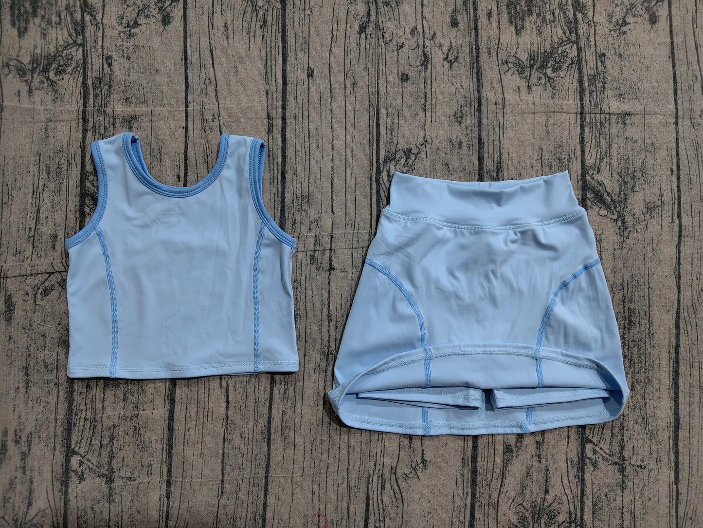 (Pre Order) No moq GSD2674 Toddler Girls Solid Sky Blue Sleeveless Vest Skirt Two Piece Set