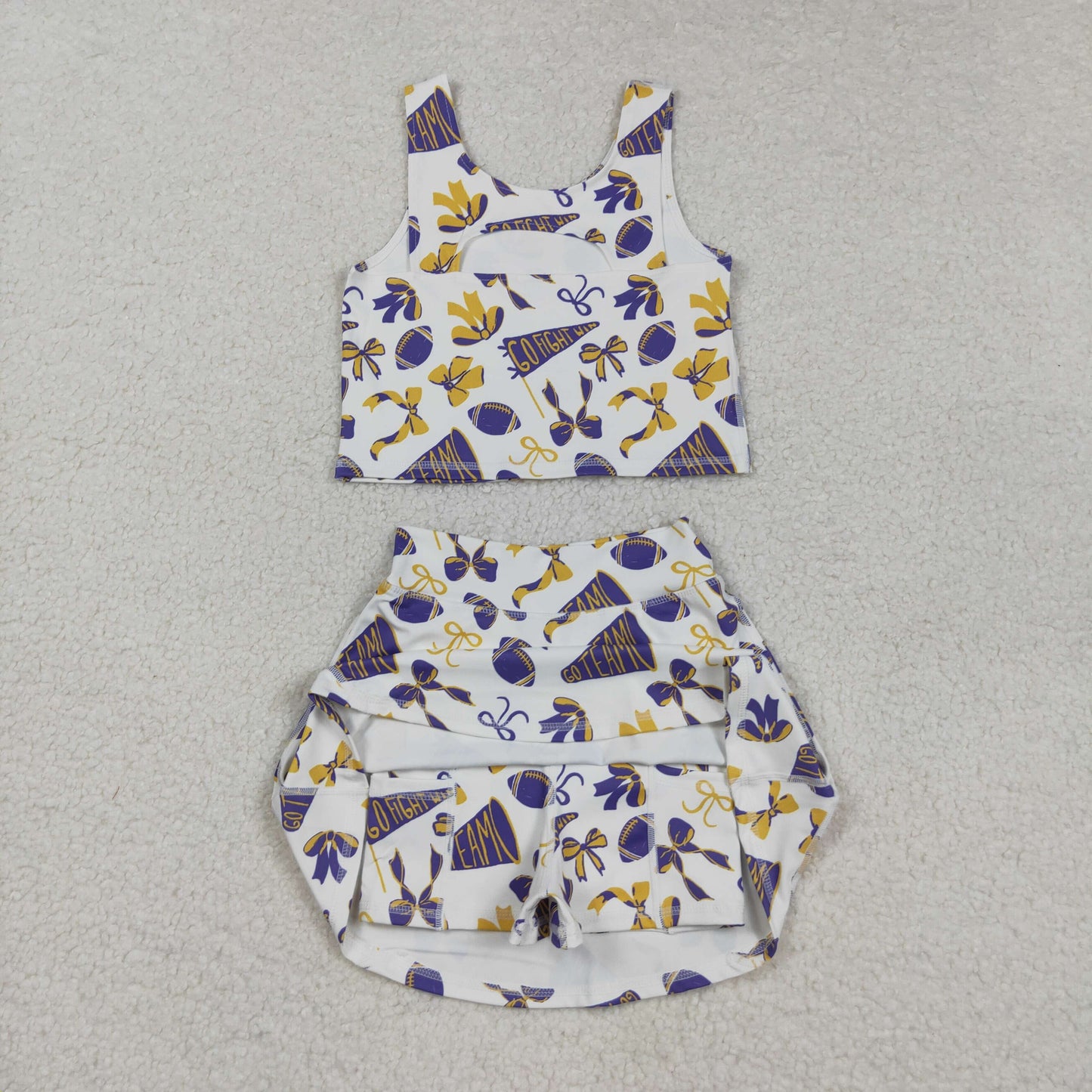 RTS NO MOQ(In Stock) GSD2690 Go Fight Purple Flared Bow Pattern Sleeveless Skirt Yoga Set