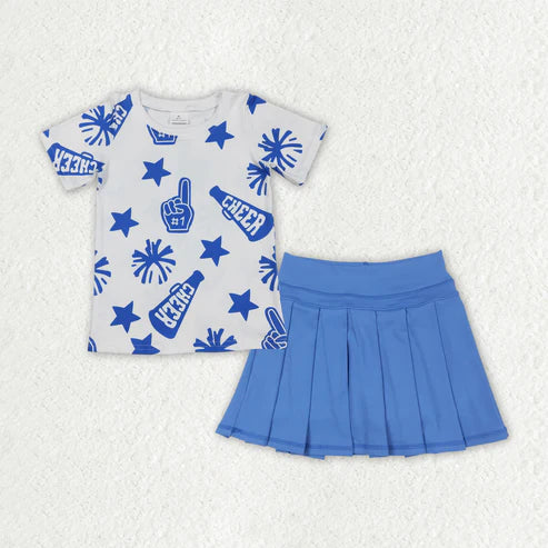 RTS NO MOQ Baby Girls Blue Cheer Top, Yoga Shorts, Team Sets