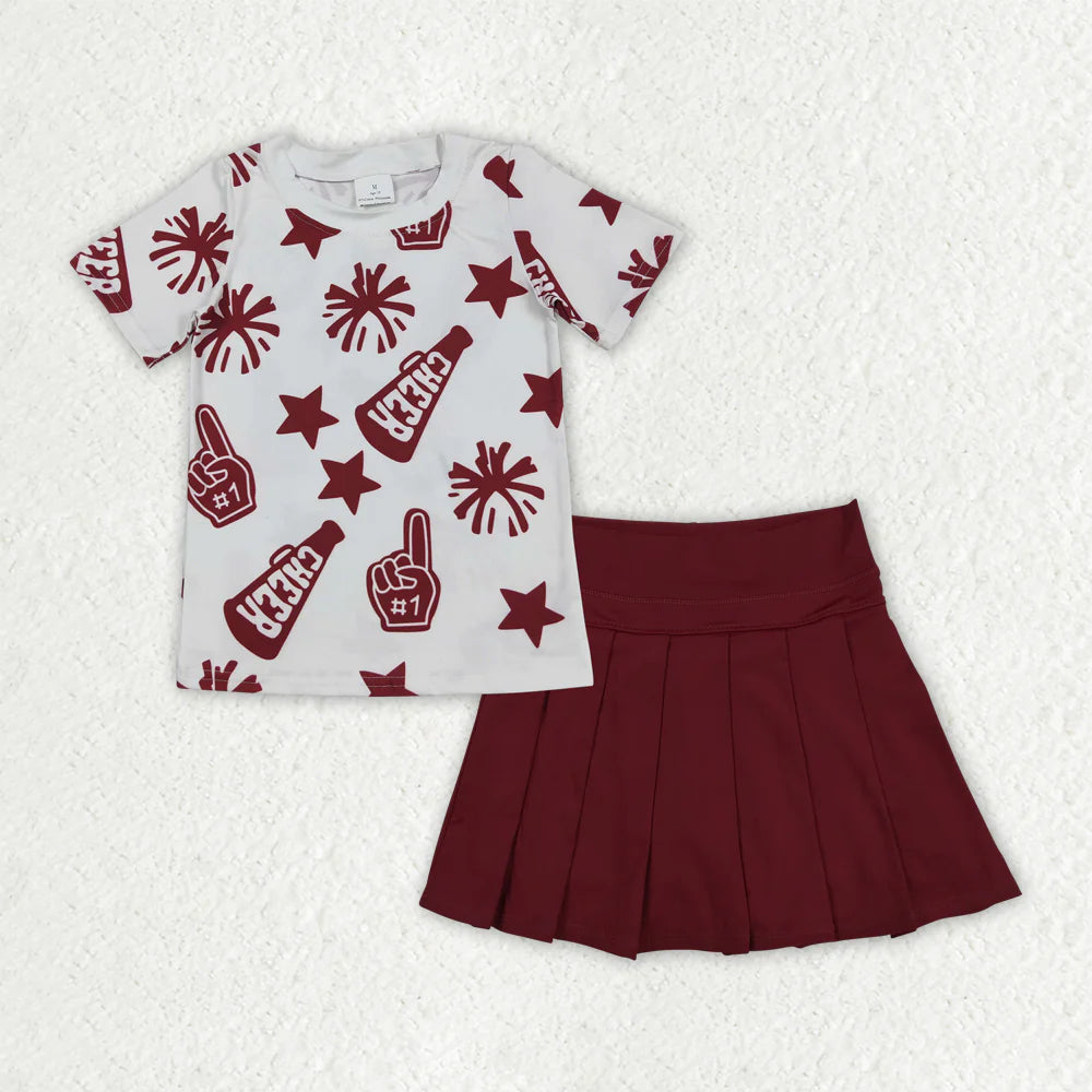 RTS NO MOQ Baby Girls Dark Red Cheerleading Top Skort Set Yoga Team Outfit Girls' Active Wear Red Cheer Team Set