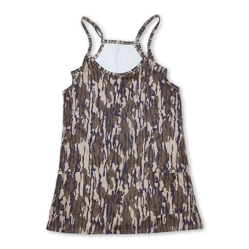 RTS NO MOQ Sibling yoga fabric Adult Women Camo Print Strap Yoga Dress Shorts Built In Liner With Pockets
