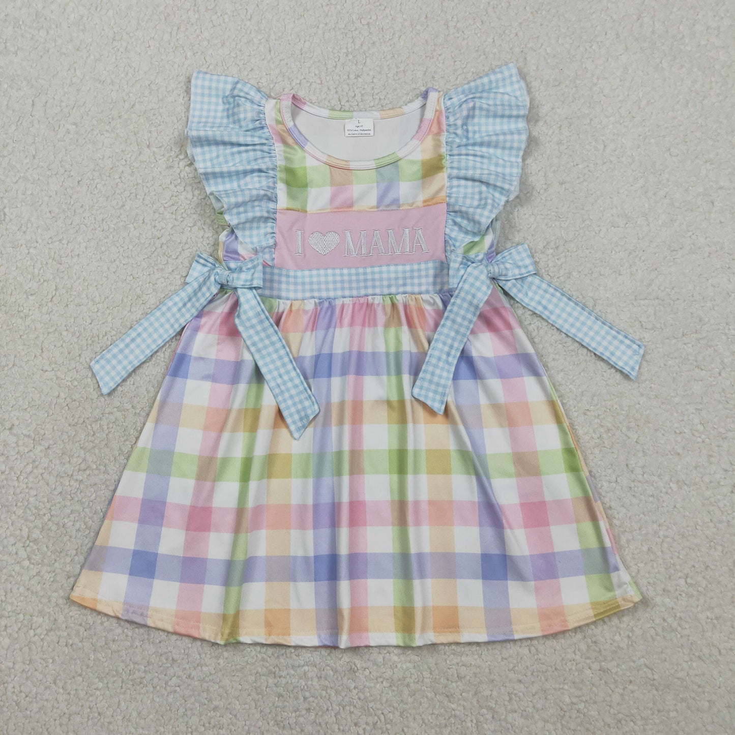 RTS NO MOQ Sibling Embroidery 'I Love Mama' Boys Top Checked Pockets Short Girls Colorful Checked Knee Length Dress