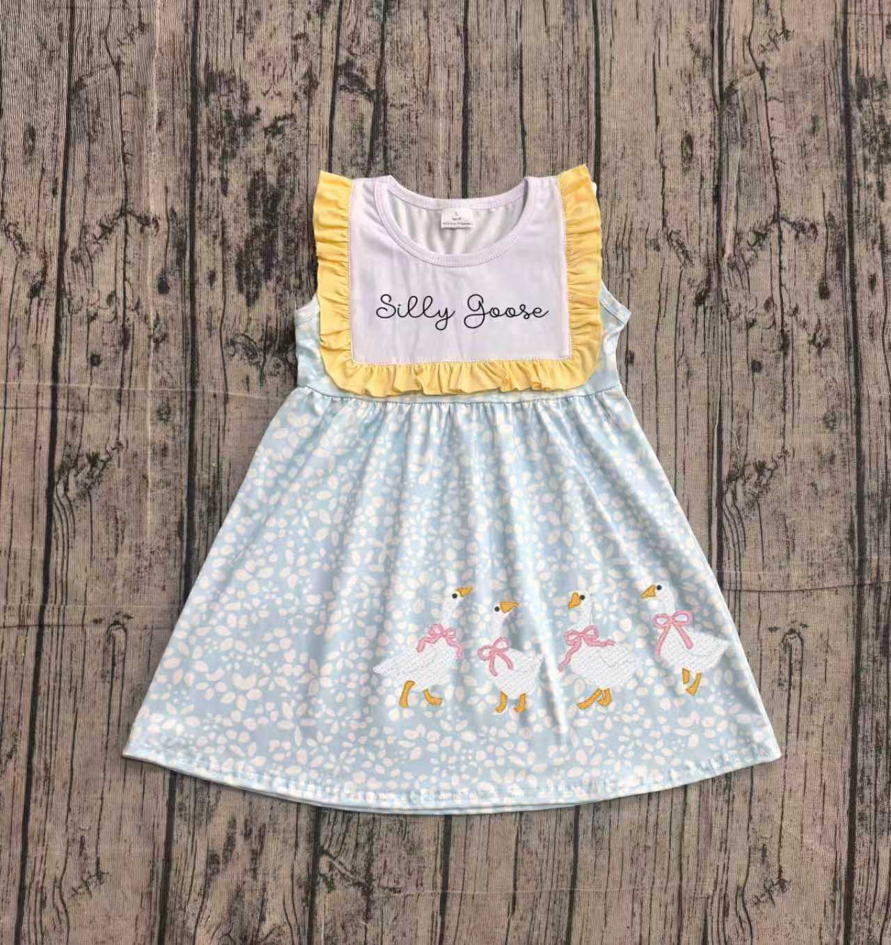 (Sample) No moq GSD2970 Embroidery Baby Girls Sweet Floral Goose Printed Sleeveless Knee Dresses