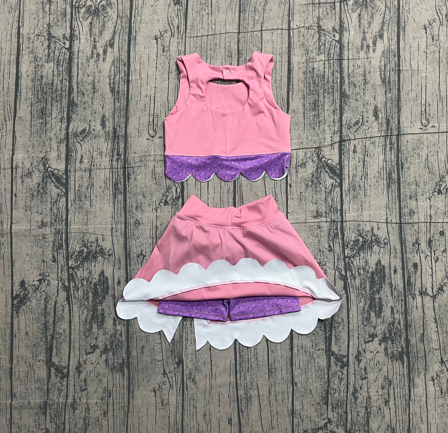 (Pre Order) No moq GSD3761 Yoga Baby Girls Pink Bow Trim Vest Skort Casual Outdoor Clothes Sets