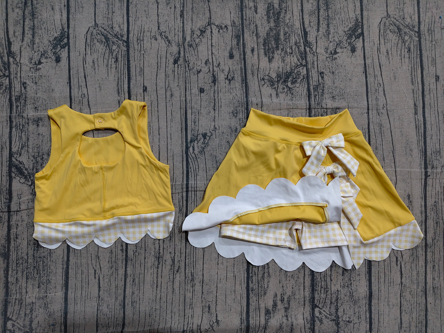 (Pre Order) No moq GSD3324 Yoga Baby Girls Cute Yellow Sleeveless Vest Skort Bow Two Piece Yoga Outfit