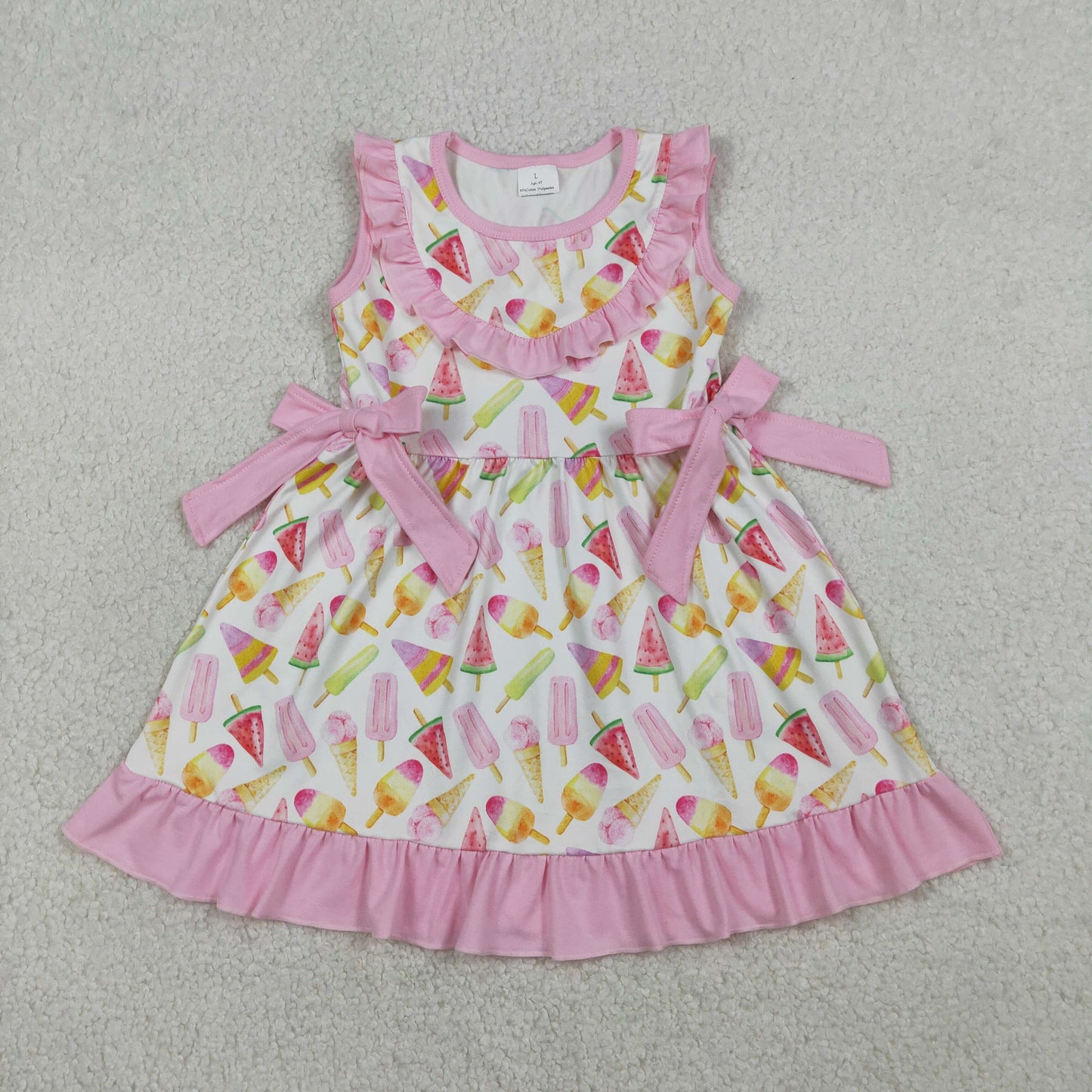 RTS NO MOQ(In Stock ) GSD3470 Ice Cream Stick, Pink Lace-Trimmed White Sleeveless Dress with Bow