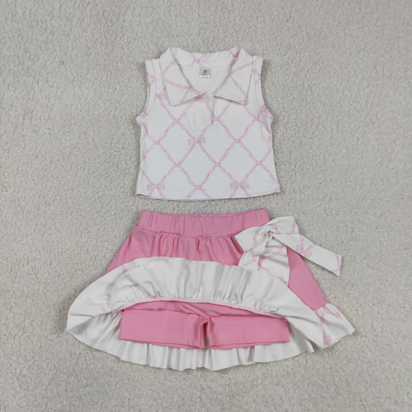 RTS NO MOQ Sibling Baby Girls Yoga Active Clothes Set Bows Flowers Button Vest Top Ruffle Skirt Shorts Outfit