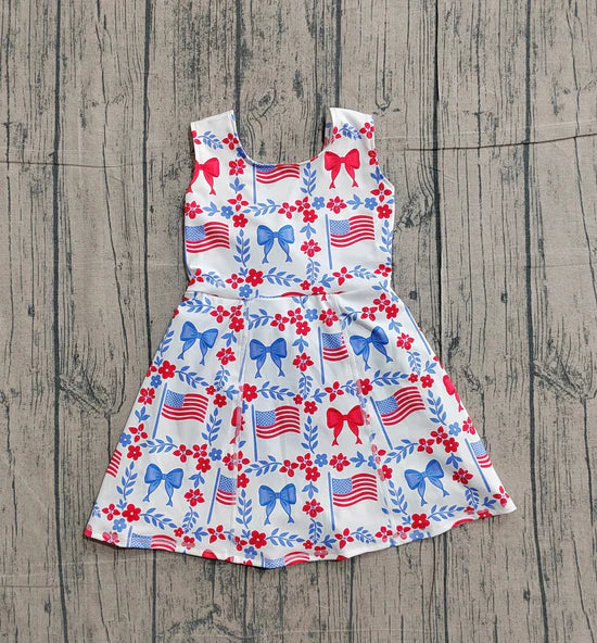 Best Sell RTS Baby Girls 4th of July Yoga Active Shorts Knee Length Dress with Flower Flags Pattern