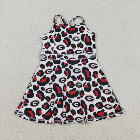 Best Sell RTS Baby Girls Strap Knee-Length Dress Black Red Leopard Print Yoga Active Shorts Team Dress for Girls