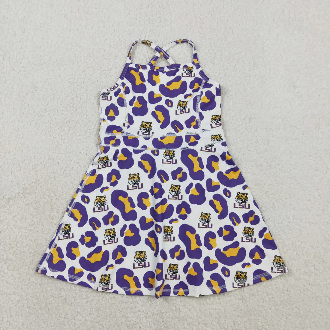 Best Sell RTS Baby Girls Purple Leopard Tigers Team Yoga Active Shorts with Strap Knee Length Dresses