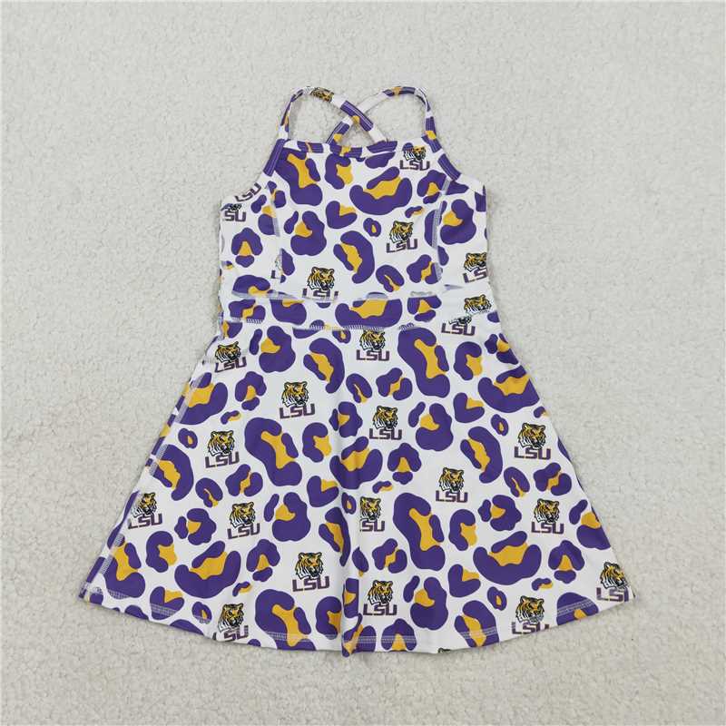 RTS NO MOQ Sibling yoga fabric Baby Girls Purple Sleeveless Shorts Team Yoga Active Knee Length Dresses