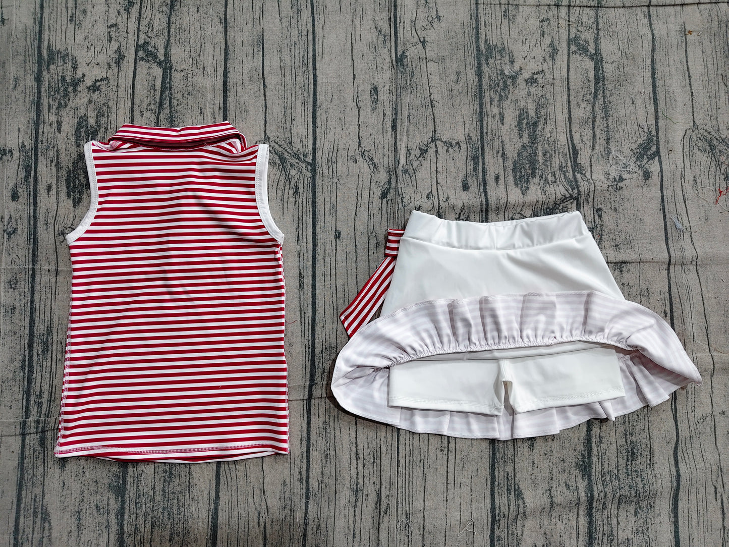 (Sample) No moq GSD3662 Yoga Baby Girls Sweet Dark Red Stripe Collar Top Ruffle Skort Yoga Wear