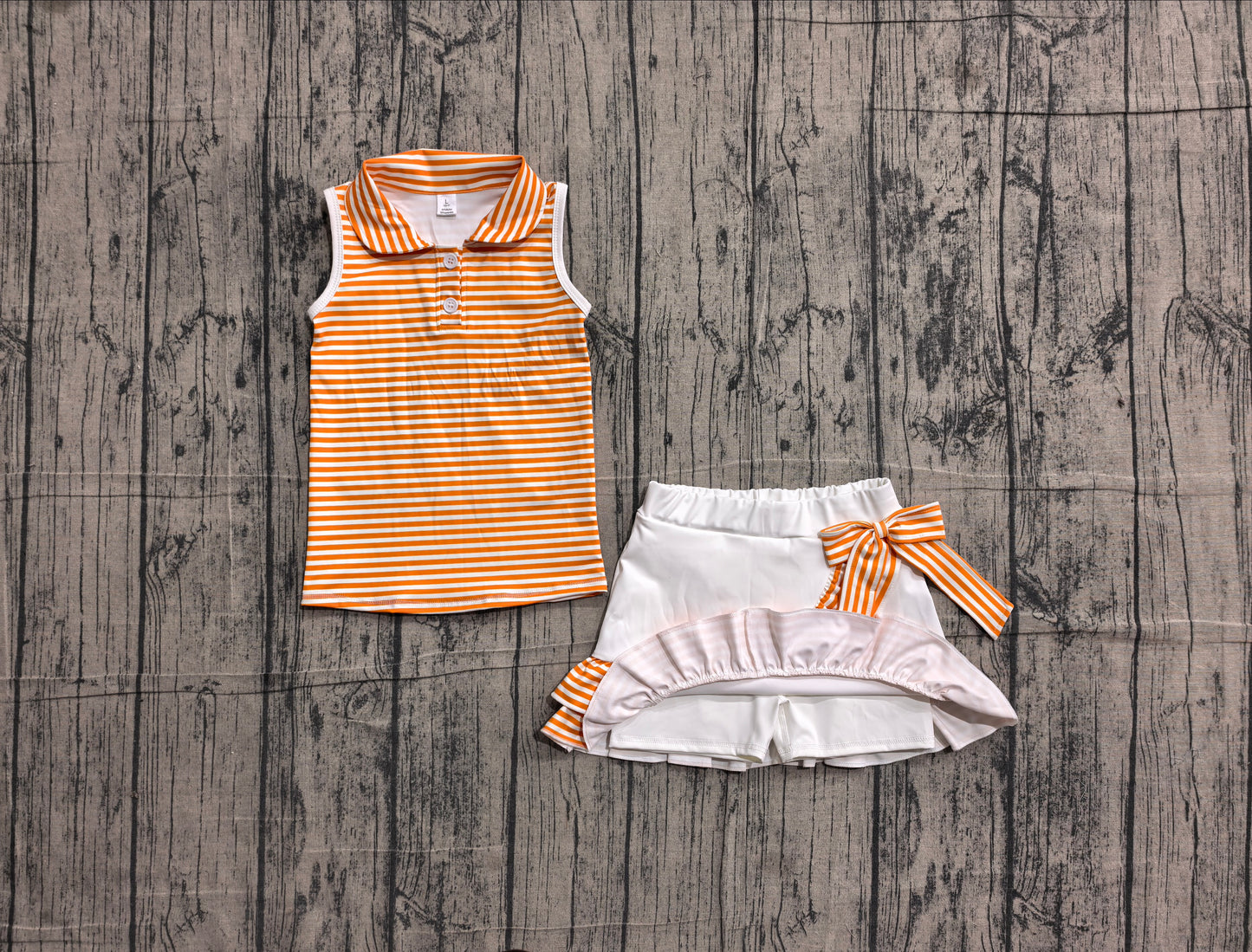 (Sample) No moq yoga fabric GSD3663 Yoga Baby Girls Orange Stripe Button Vest Top Ruffle Skirt Shorts Yoga Active Clothes Set